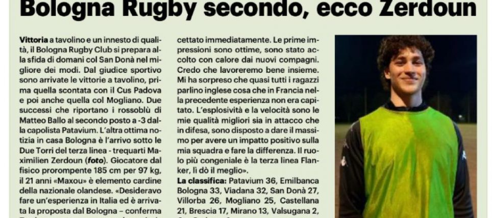 Bologna Rugby secondo, ecco Zerdoun