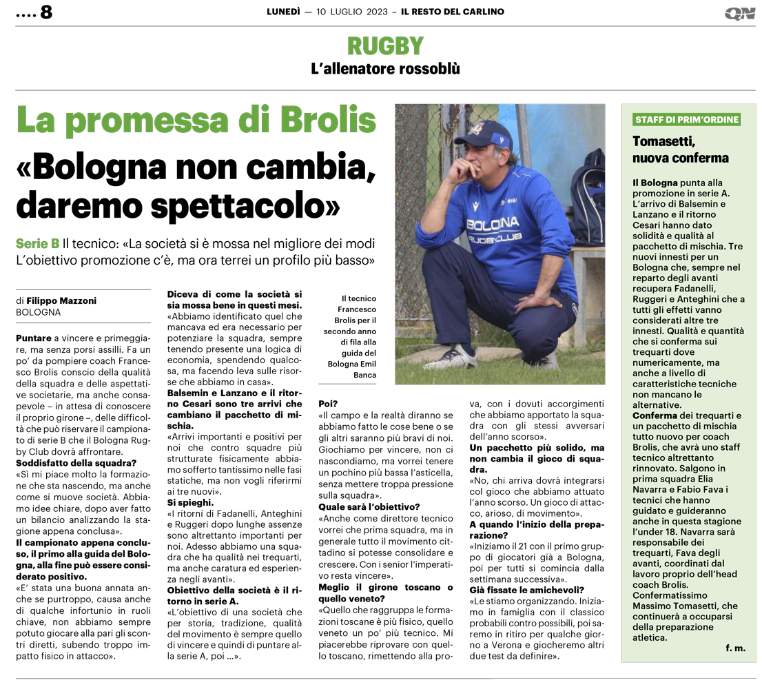 Il Resto del Carlino 10.7.23 Bologna Rugby Club