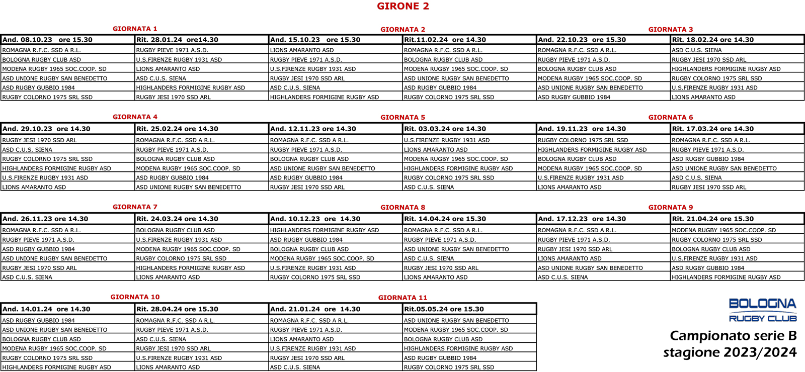 Calendario Campionato rugby serie B, girone 2, 2023/2024 - Bologna Rugby Club