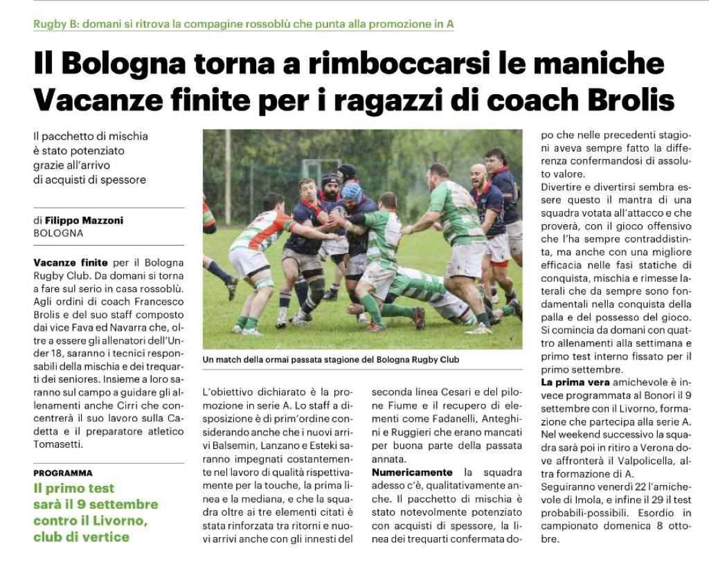 Resto del Carlino 20 agosto 2023. Bologna Rugby Club