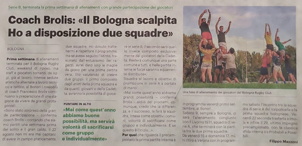 Resto del Carlino 28 agosto 2023 Bologna Rugby Club